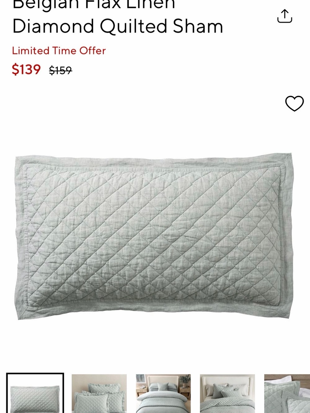 Pottery Barn Belgian Flax Linen Diamond Quilted Sham - Mineral Blue
